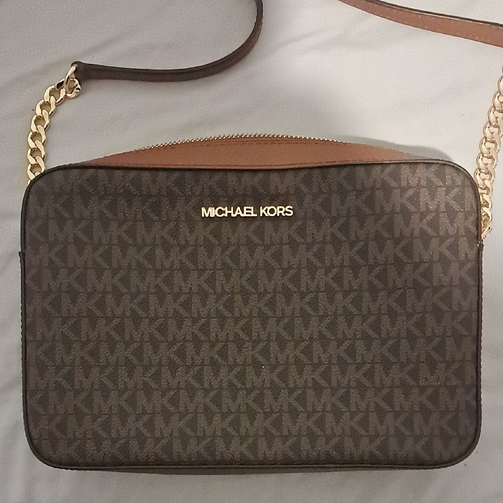 Michael Kors Brown and Gold Messenger Bag with Signature Monogram